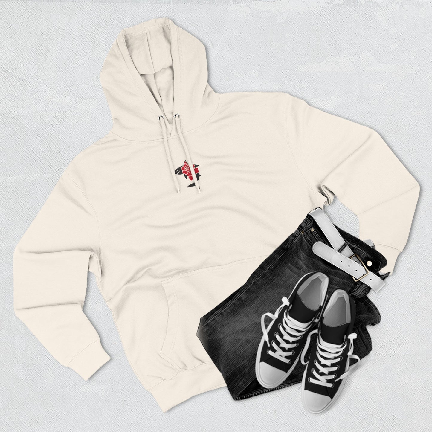 Saku Same - Eva - Anime Girl Graphic Hoodie with Japanese Text - Minimal Front Rose, Back Panel Art