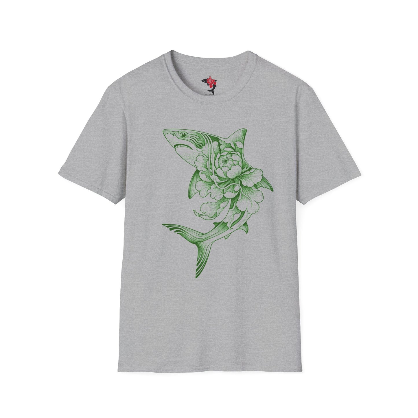 Saku Same - Blooming Shark T-Shirt — Green Peony Shark Graphic Tee