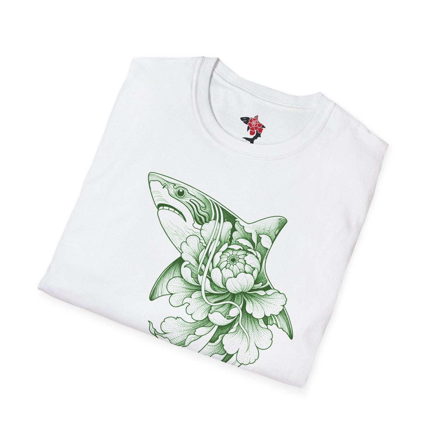Saku Same - Blooming Shark T-Shirt — Green Peony Shark Graphic Tee