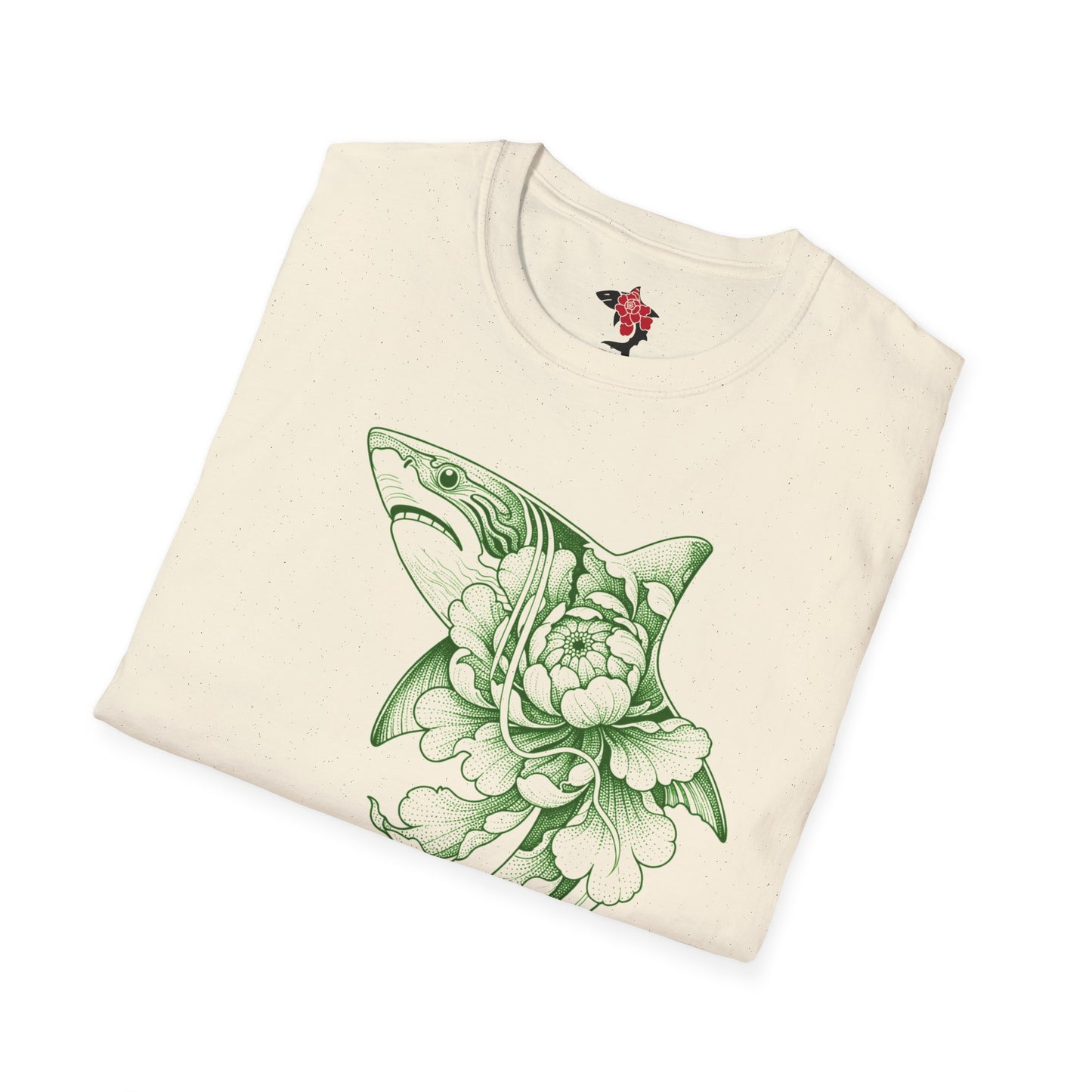 Saku Same - Blooming Shark T-Shirt — Green Peony Shark Graphic Tee
