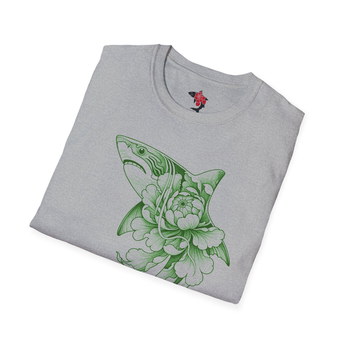 Saku Same - Blooming Shark T-Shirt — Green Peony Shark Graphic Tee