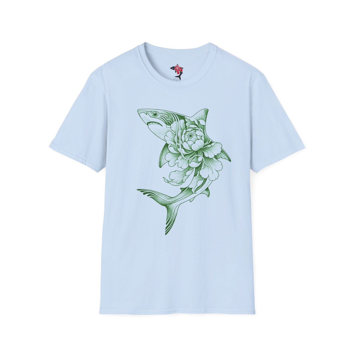 Saku Same - Blooming Shark T-Shirt — Green Peony Shark Graphic Tee