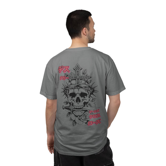 Saku Same - Skull Cross & Rose graphic T-shirt | Japanese text streetwear