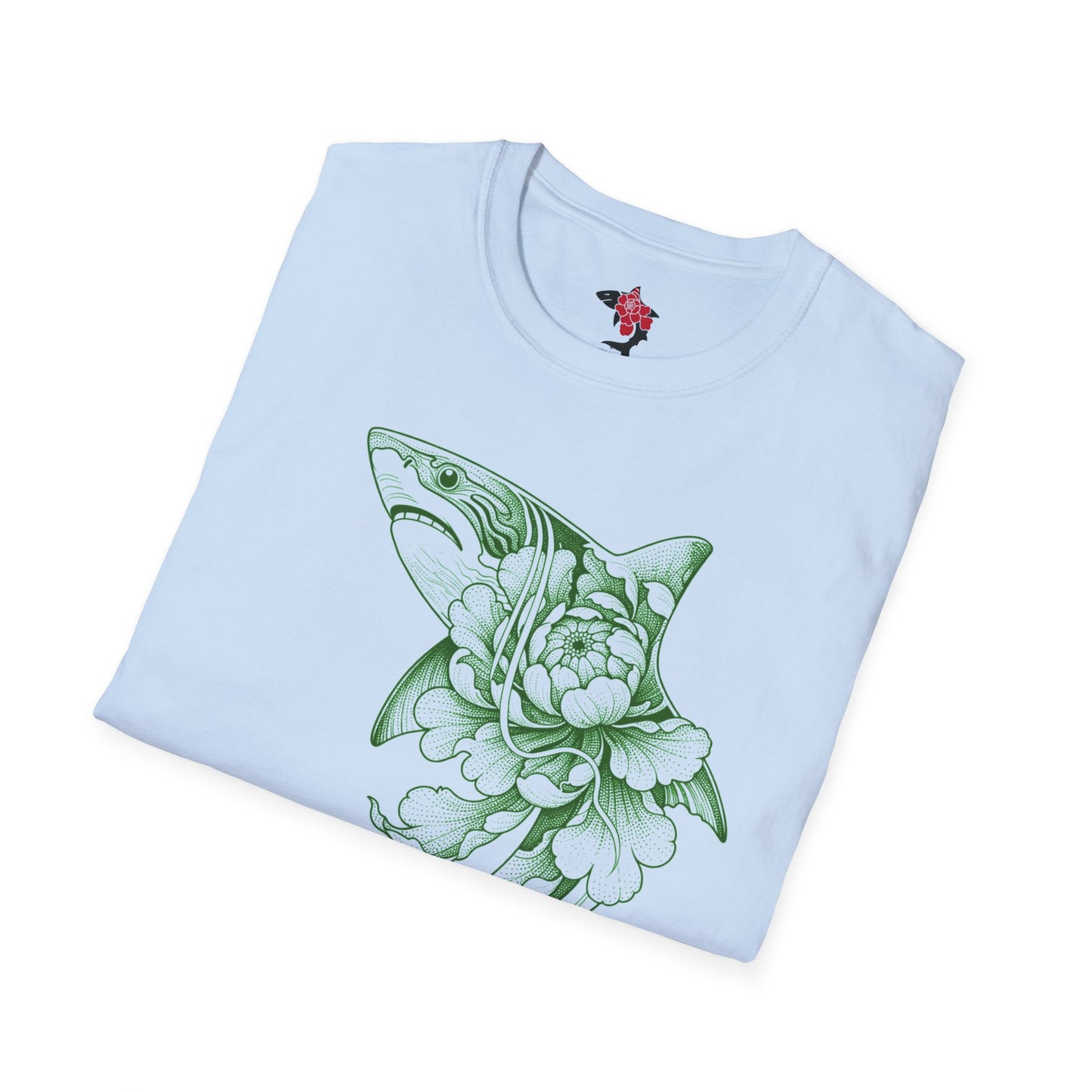 Saku Same - Blooming Shark T-Shirt — Green Peony Shark Graphic Tee