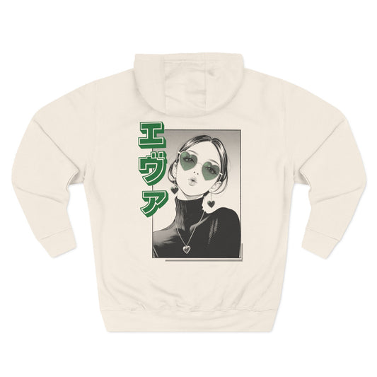 Saku Same - Eva - Anime Girl Graphic Hoodie with Japanese Text - Minimal Front Rose, Back Panel Art