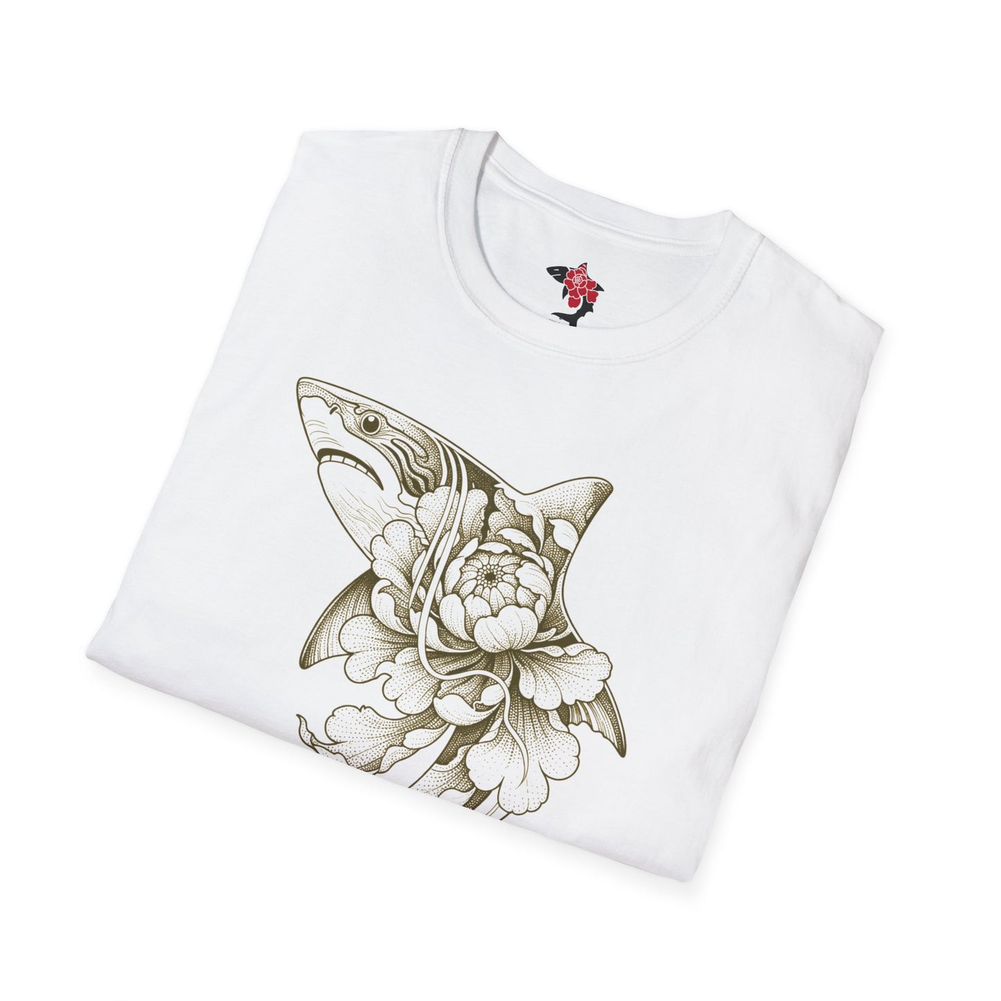 Saku Same - Blooming  Shark Graphic T-Shirt - Japanese Peony Tattoo Style