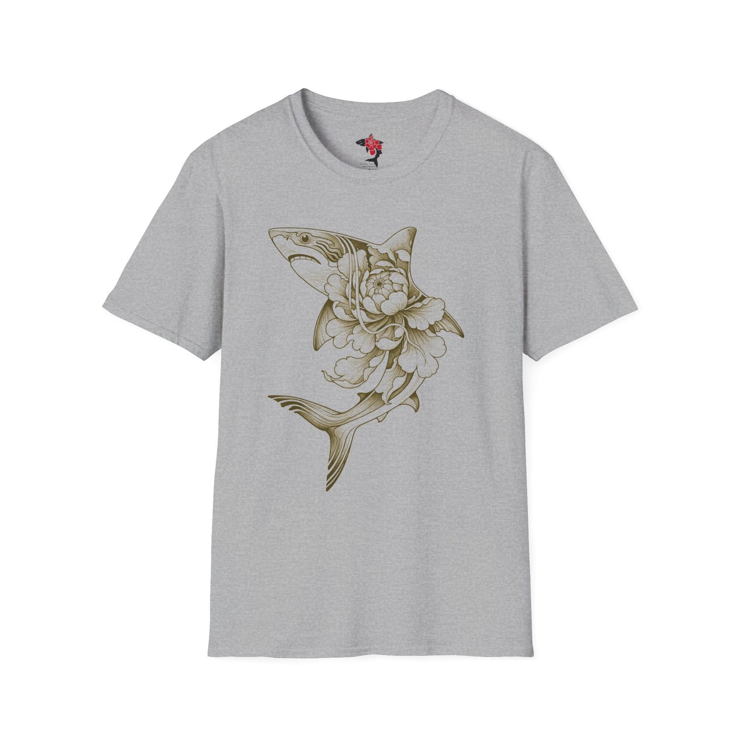 Saku Same - Blooming  Shark Graphic T-Shirt - Japanese Peony Tattoo Style