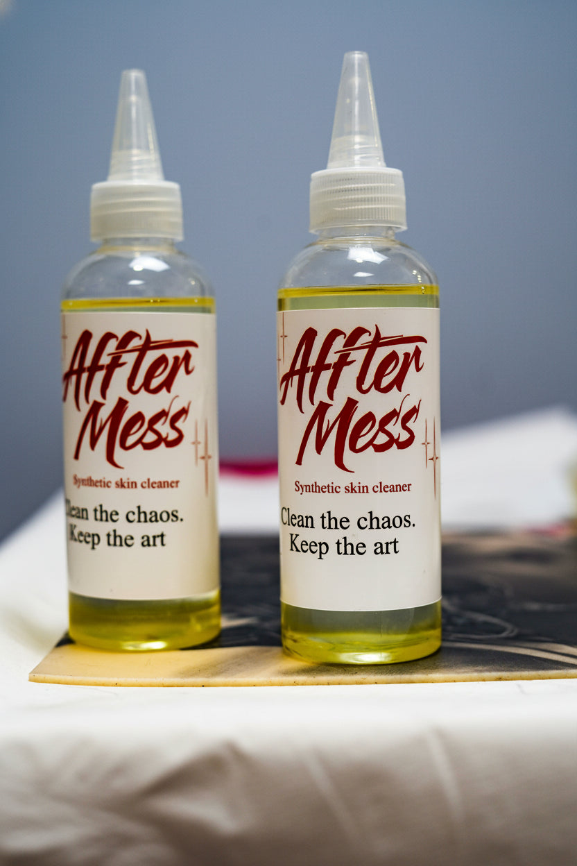 Two bottles of 'After Mess' with labels on a blurred background