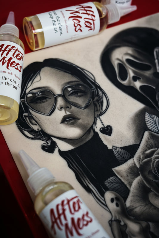 Artistic depiction of a woman with sunglasses and roses, surrounded by 'After Shave' bottles.
