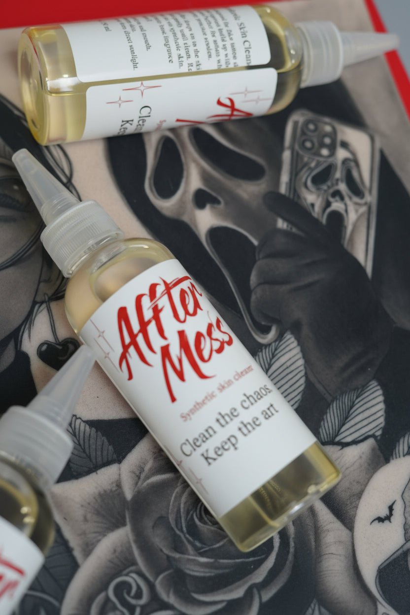 Two bottles of 'After' skincare products on a patterned surface with a red background.