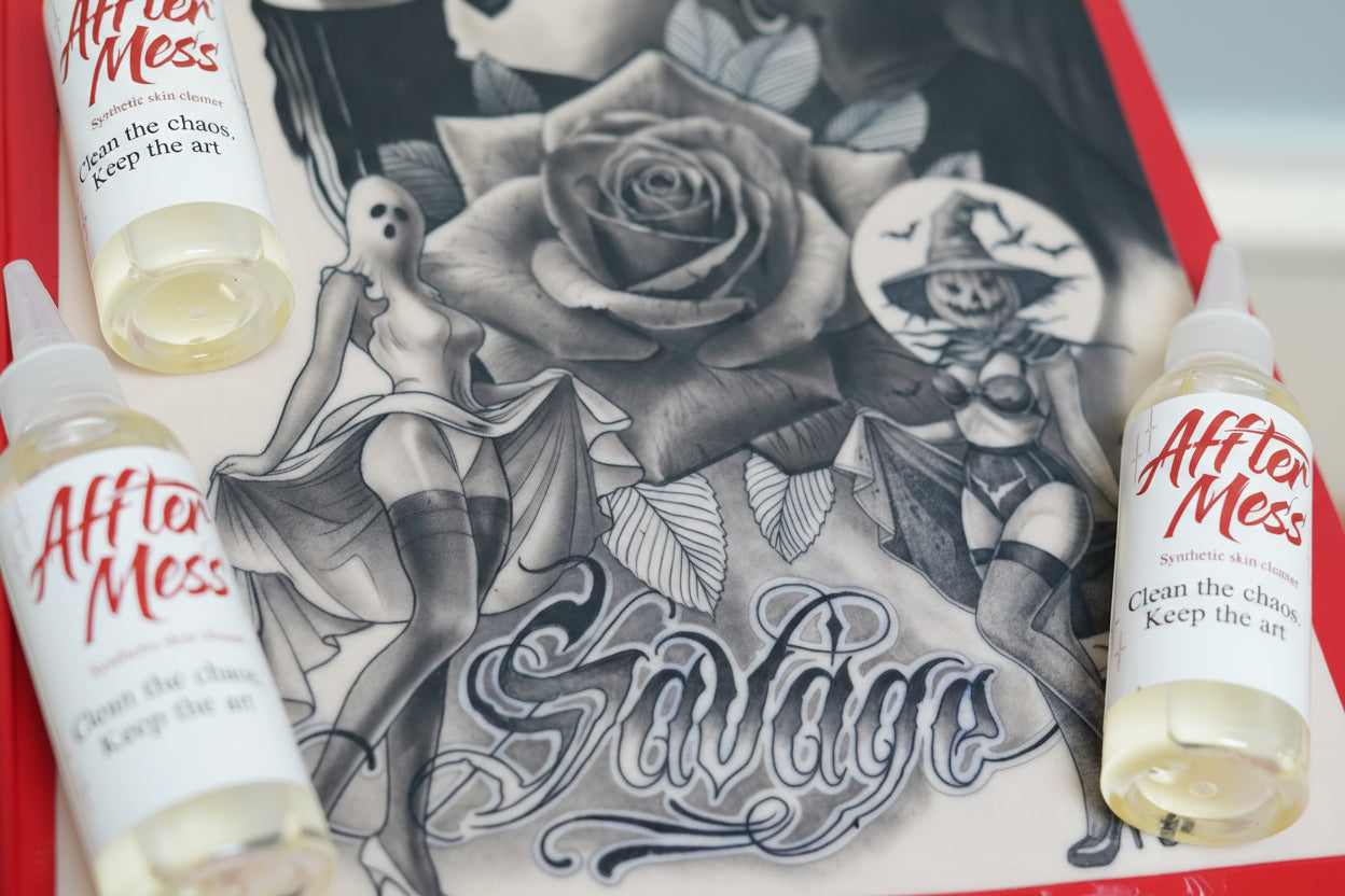 After Mess tattoo cleaning product with a tattoo design in the background